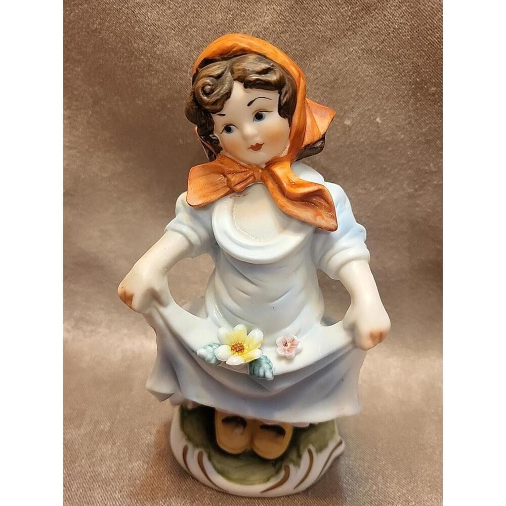 Vintage Ceramic Figurine - Girl With Red Scarf Holding Flowers in Her Dress - Picture 2 of 10